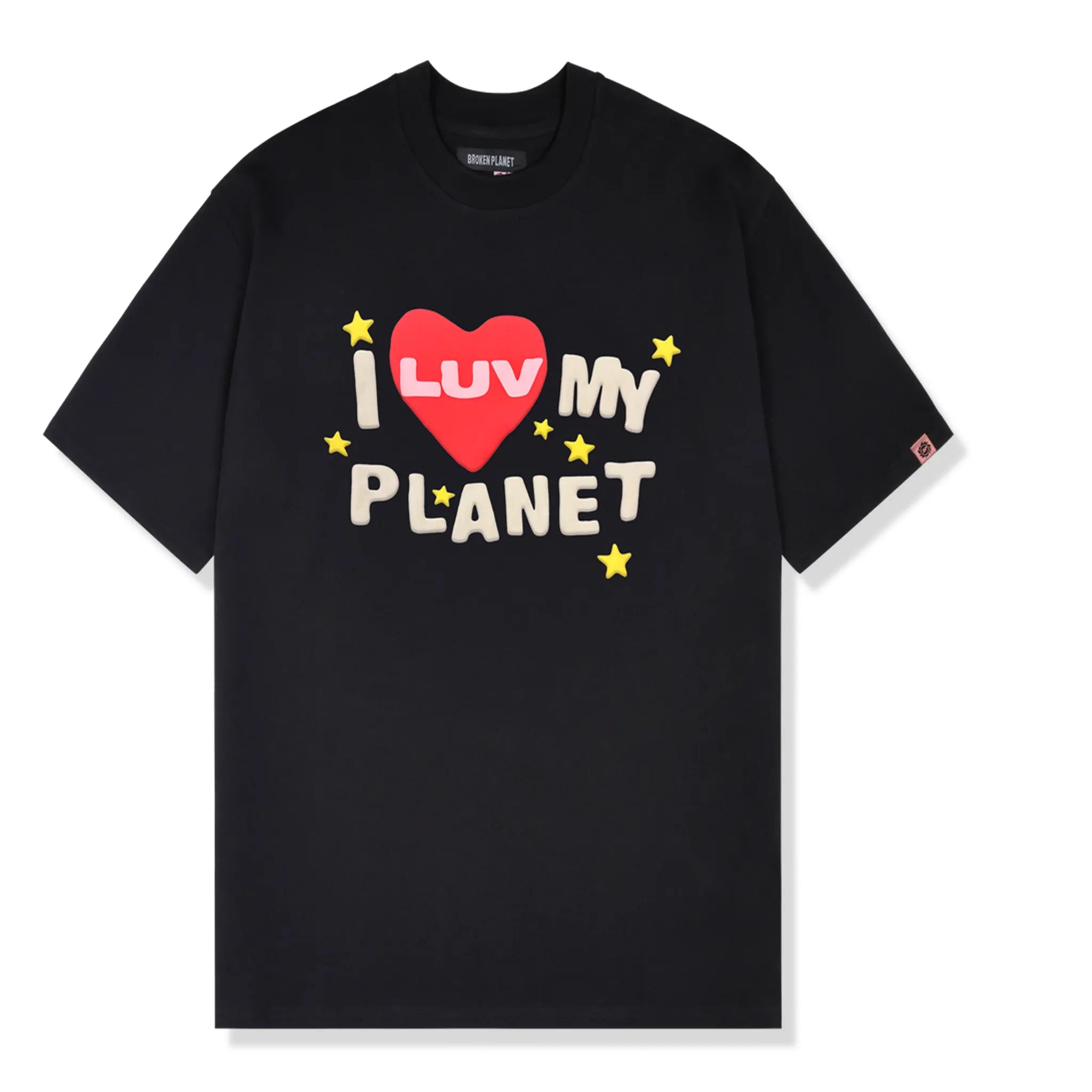 Front view of Broken Planet Luv My Planet Midnight Black T Shirt